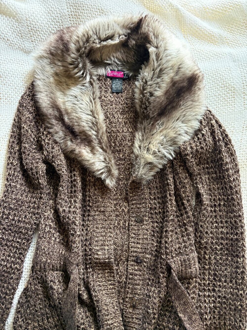 Brown Knit Cardigan with Faux Fur Collar